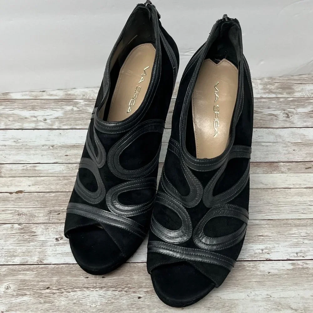 Via Spiga SIZE 10 Black Suede Platform 5” Heels Leather Booties - Picture 9 of 12